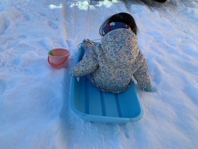 女の子が雪の上でソリ遊び